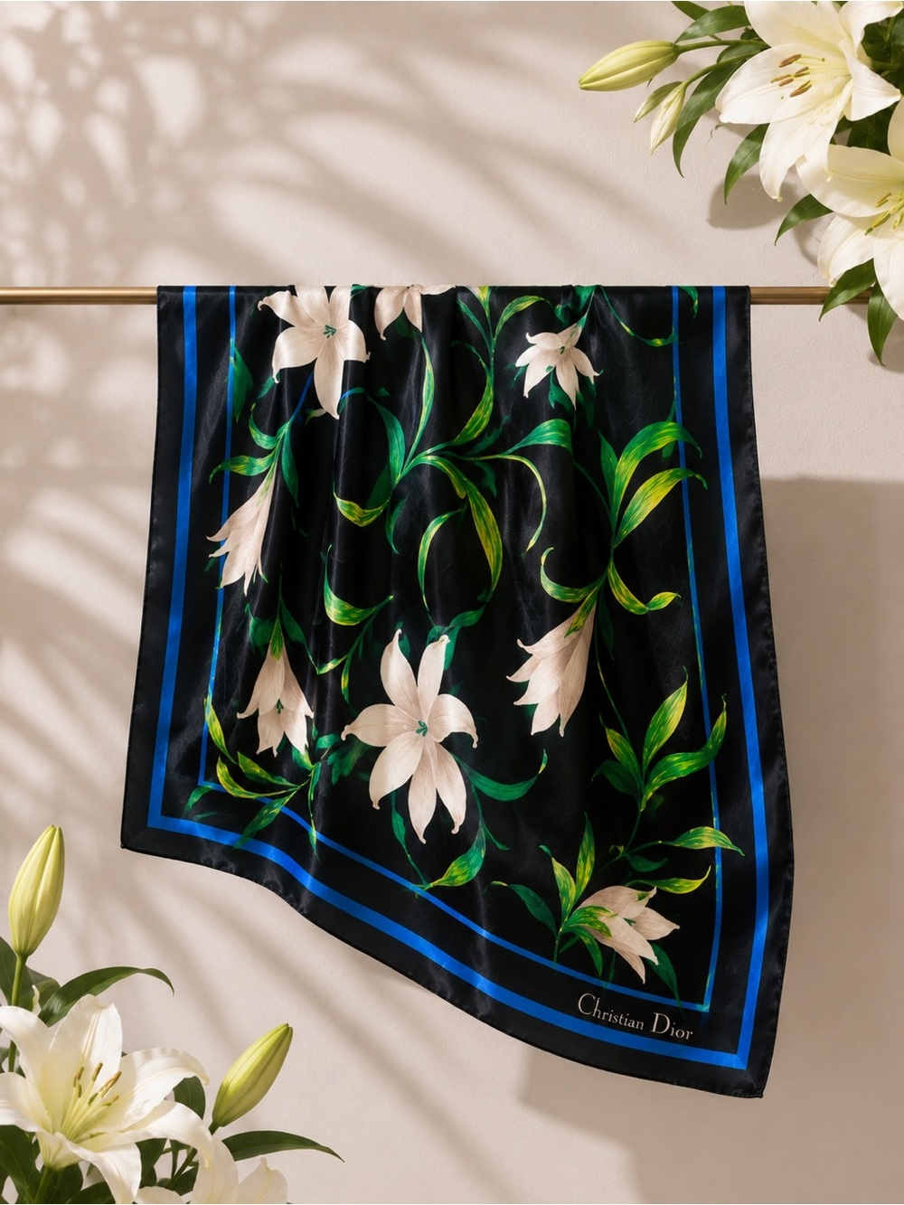 Christian Dior Vintage Silk Scarf – Black Lilies w Blue Border & Botanical Print